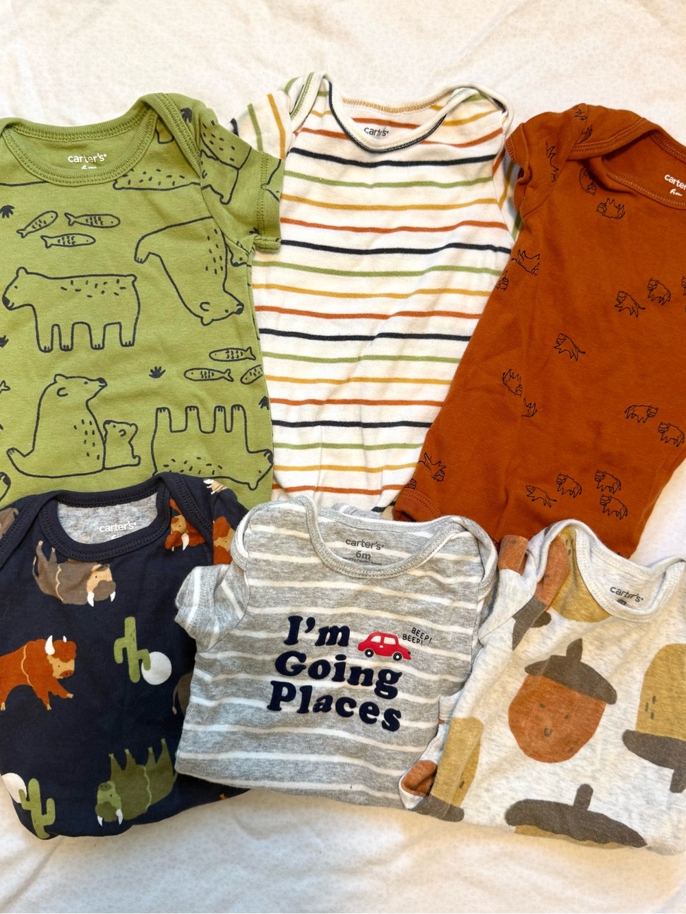 Carter's 6M Multi-Color Baby Bodysuit Set - Green, Rust, Navy, Gray, Cream